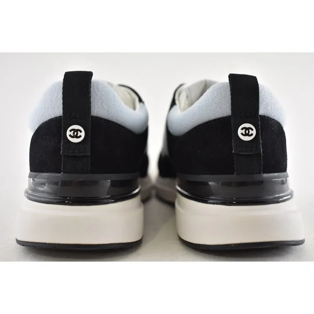 Chanel 22B Black Blue White CC Logo Suede Lace Up Flat Runner Trainer Sneaker 40